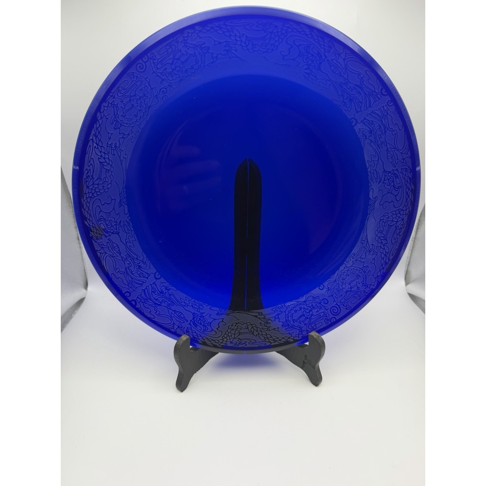 Signed Cobalt Blue Art Glass Charger Plate Dragon Etched 13"